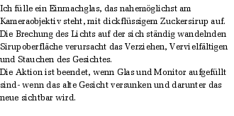 Ich flle ein Einmachglas, das nahemglichst am Kameraobjektiv steht, mit dickflssigem Zuckersirup auf. Die Brechung des Lichts auf der sich stndig wandelnden Sirupoberflche verursacht das Verziehen, Vervielfltigen und Stauchen des Gesichtes.
Die Aktion ist beendet, wenn Glas und Monitor aufgefllt sind- wenn das alte Gesicht versunken und darunter das neue sichtbar wird.