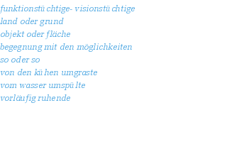 funktionstchtige- visionstchtige
land oder grund
objekt oder flche
begegnung mit den mglichkeiten
so oder so
von den khen umgraste
vom wasser umsplte
vorlufig ruhende