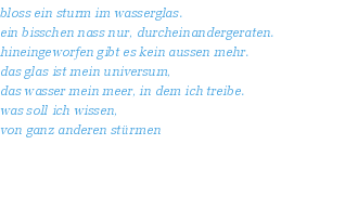 bloss ein sturm im wasserglas. 
ein bisschen nass nur, durcheinandergeraten. hineingeworfen gibt es kein aussen mehr. 
das glas ist mein universum, 
das wasser mein meer, in dem ich treibe. 
was soll ich wissen, 
von ganz anderen strmen