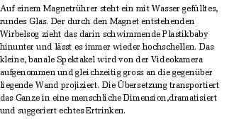 Auf einem Magnetrhrer steht ein mit Wasser geflltes, rundes Glas. Der durch den Magnet entstehenden Wirbelsog zieht das darin schwimmende Plastikbaby hinunter und lsst es immer wieder hochschellen. Das kleine, banale Spektakel wird von der Videokamera aufgenommen und gleichzeitig gross an die gegenber liegende Wand projiziert. Die bersetzung transportiert das Ganze in eine menschliche Dimension,dramatisiert und suggeriert echtes Ertrinken.