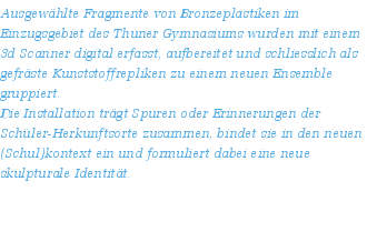 Ausgewhlte Fragmente von Bronzeplastiken im Einzugsgebiet des Thuner Gymnasiums wurden mit einem 3d Scanner digital erfasst, aufbereitet und schliesslich als gefrste Kunststoffrepliken zu einem neuen Ensemble gruppiert. 
Die Installation trgt Spuren oder Erinnerungen der Schler-Herkunftsorte zusammen, bindet sie in den neuen (Schul)kontext ein und formuliert dabei eine neue skulpturale Identitt. 