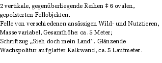 2 vertikale, gegenberliegende Reihen  6 ovalen, gepolsterten Fellobjekten; 
Felle von verschiedenen ansssigen Wild- und Nutztieren, Masse variabel, Gesamthhe: ca. 5 Meter; 
Schriftzug Sieh doch mein Land. Glnzende Wachspolitur auf glatter Kalkwand, ca. 5 Laufmeter.