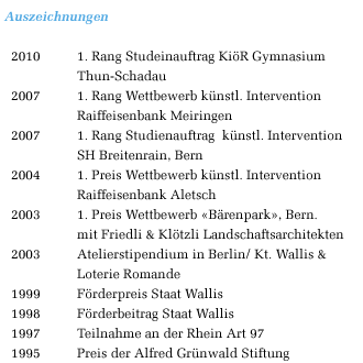 Auszeichnungen
2004 1. Preis Wettbewerb knstl. Intervention
Raiffeisenbank Aletsch*
2003 1. Preis Wettbewerb Brenpark, Bern.
mit Friedli & Kltzli Landschaftsarchitekten
2003 Atelierstipendium in Berlin/ Kt. Wallis &
Loterie Romande
1999 Frderpreis Staat Wallis
1998 Frderbeitrag Staat Wallis
1997 Teilnahme an der Rhein Art 97
1995 Preis der Alfred Grnwald Stiftung
Publikationen
Publikationen
2003 Streetlevel Simplon, Verlag fr moderne
Kunst, Nrnberg
2001 Helle Nchte. Ch. Merian- Verlag, Basel
1999 Kunst in der Stadt 99, Brig
1999 Gruppenausstellung Galerie Matze/
Schtzenlaube, Visp
1999 catalogue prix d`encouragement de l`tat
du valais 1999
1997 Rhein Art 97, Widnau/ Lustenau (A)
1997 Weihnachtsausstellung Kunsthalle Bern 1997
1996 Skulpturenausstellung Leukerbad