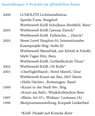 Ausstellungen & Projekte im ffentlichen Raum
2006 LUMOLITH Lichtinstallation,
Spreda-Turm, Burgdorf
Wettbewerb KiR Schulhaus Breitfeld, Bern*
2005 Wettbewerb KiR Careum Zrich*
Wettbewerb KiR Falletsche..., Zrich*
2003 Street Level Simplon 03, Internationales
Kunstprojekt Brig/ Iselle (I)
Wettbewerb BrenPark, mit Kltzli & Friedli,
Matti Tagaz Hitz, Bern
Wettbewerb KiR, Gotthelfschule Thun*
2002 Wettbewerb KiR, OS Bulle*
2001 OneNightStand, Hotel Marsl, Chur
Wettbewerb Kunst am Bau, HeV Sierre
Helle Nchte, Bottmingen/ Basel
1999 Kunst in der Stadt 99, Brig
Kunst am Ball, Wankdorfstadion Bern
1997 Rhein Art 97, Widnau/ Lustenau (A)
1996 Skulpturenausstellung, Kurpark Leukerbad
*KiR- Projekt mit Kotscha Reist
KiR ausgefhrt
2005- Brenpark Bern, in Bearbeitung
2005 Realisierung knstl. Intervention Raiffeisenbank
Aletsch Bitsch, mit Kotscha Reist
2003-04 Punkt fr Punkt Projekt fr die
Spielmeile Lorraine, Stadt Bern